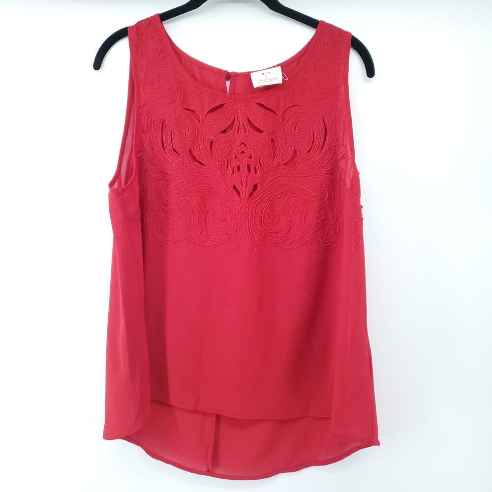 Anthro Pins + Needles Womens L Red Boho Floral Embroidered Laser Cut Tank Blouse - Picture 2 of 12